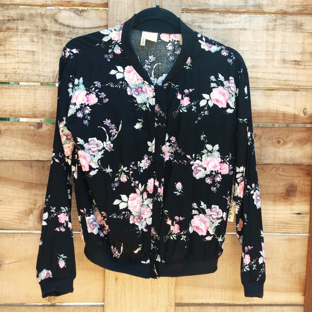 Black & Pink Floral Lightweight Zip Up Jacket - Picture 3 of 7